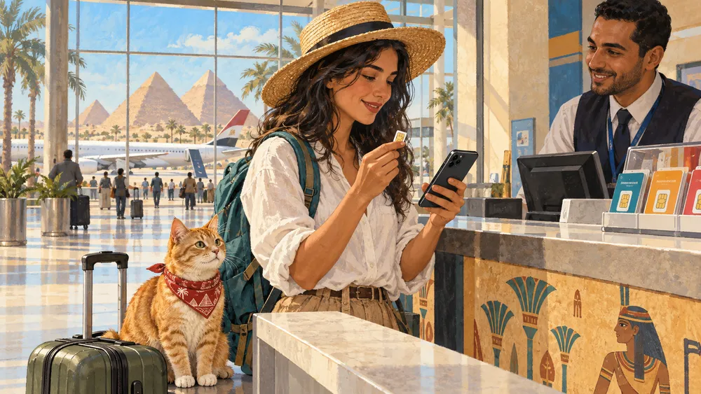 Туристка с котом сравнивает SIM-карту и eSIM у стойки в египетском аэропорту