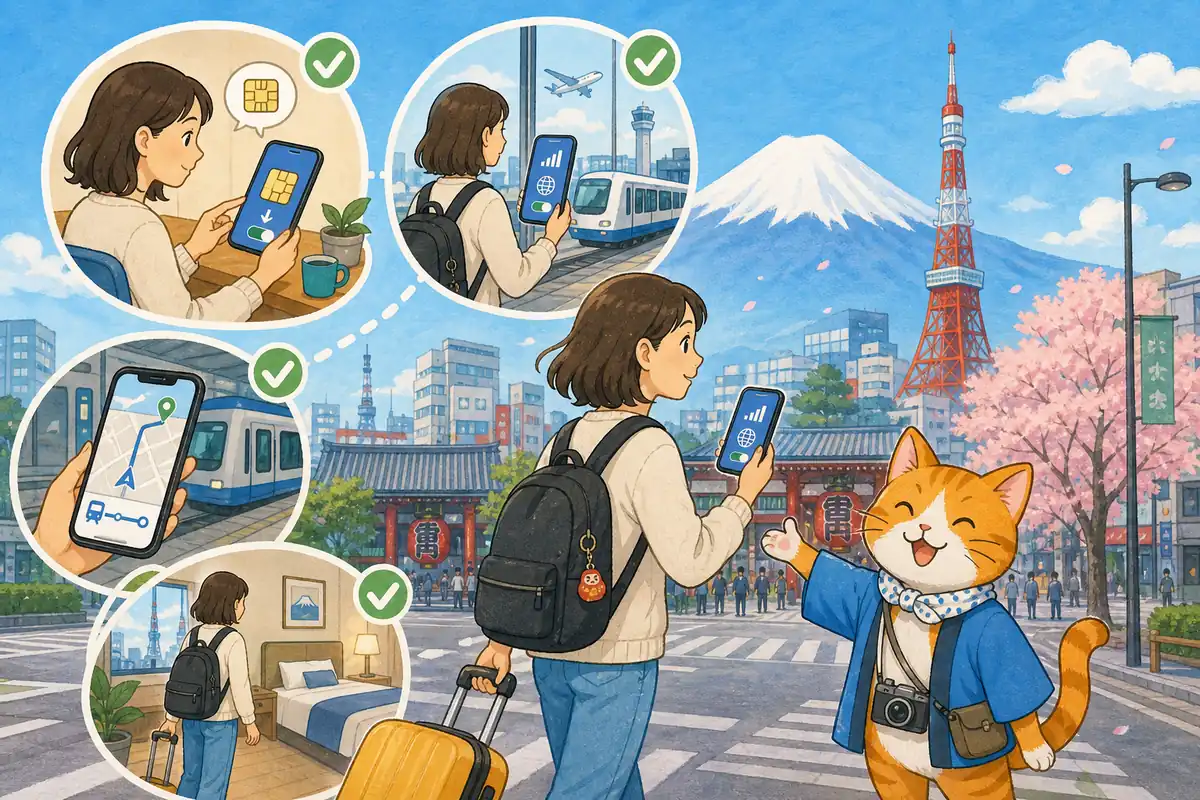 Кот-гид встречает туристку с работающей eSIM, картой и чемоданом на улице Токио