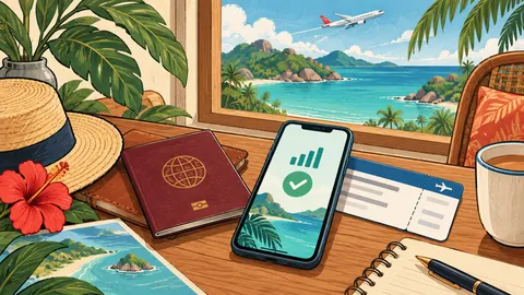 Туристка проверяет документы и eSIM перед поездкой на Сейшелы